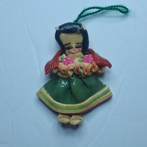 Vintage Marzipan Dough Folk Art Girl Ornament | 1970s European Cottagecore Boho